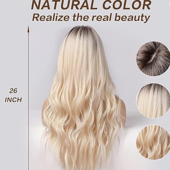 Womens 💗 Blonde And Brown Synthetic Ombre 26" Long Wavy Breathable Cap Wig 💗 - Picture 15 of 16